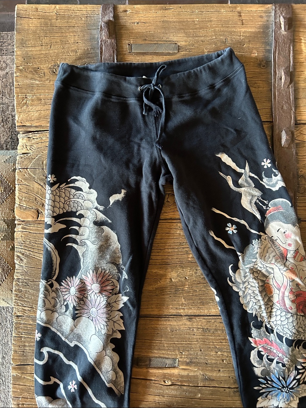 Asian inspired Black Floral Dragon Print sweatpants - Picture 3 of 9